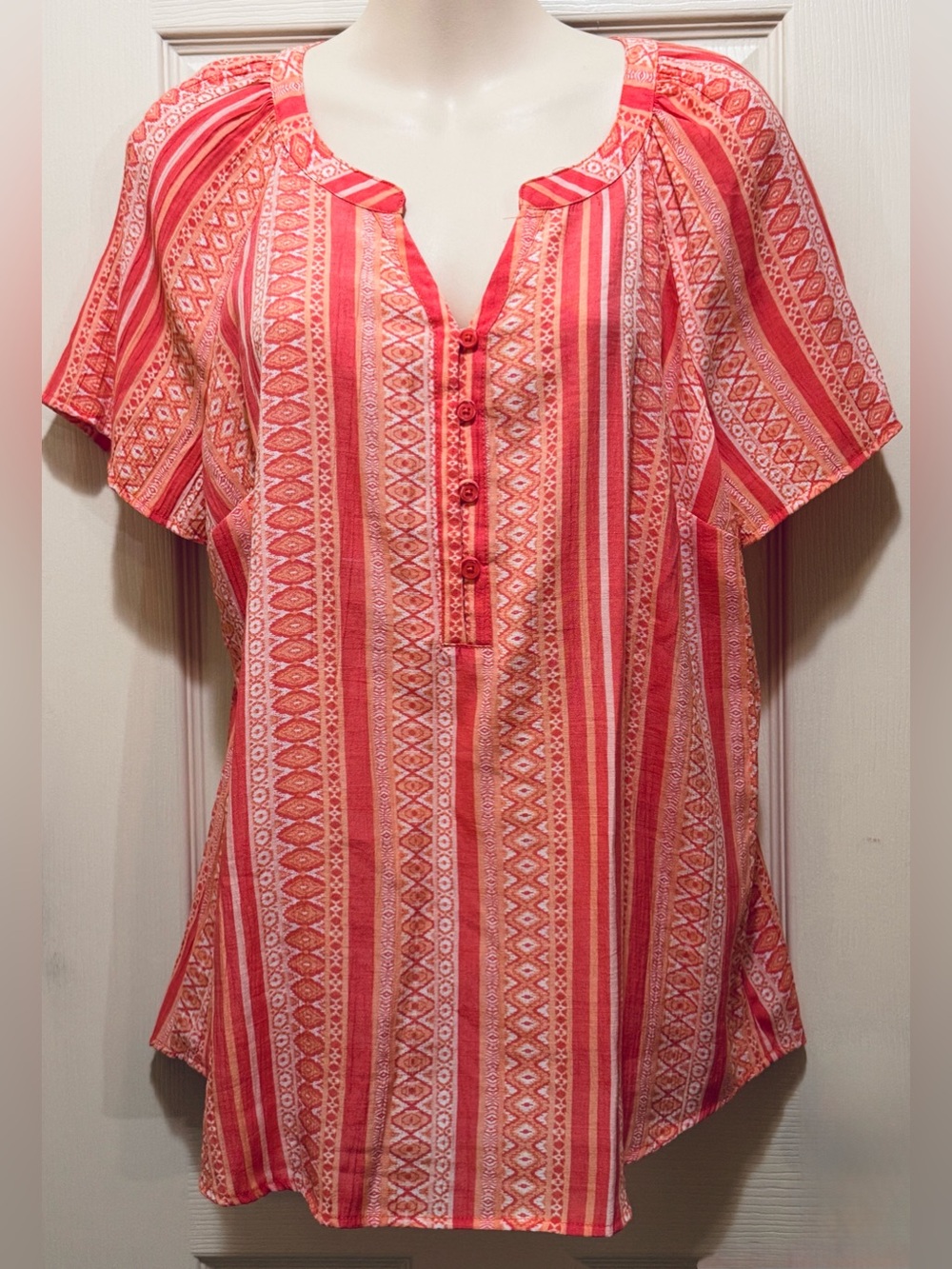 Kim Rogers Coral Pink Striped Short Sleeve Blouse, Petite Médium
